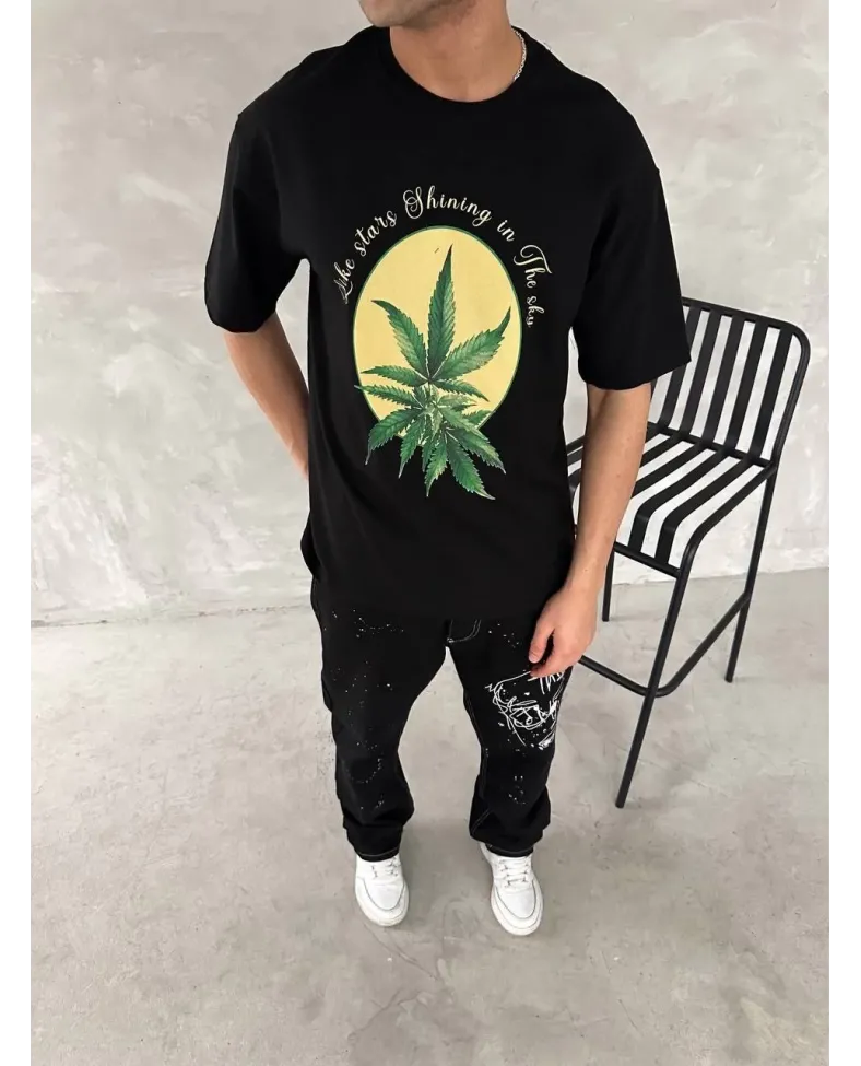 ERKEK  Baskılı Oversize Bisiklet Yaka T-shirt- Siyah