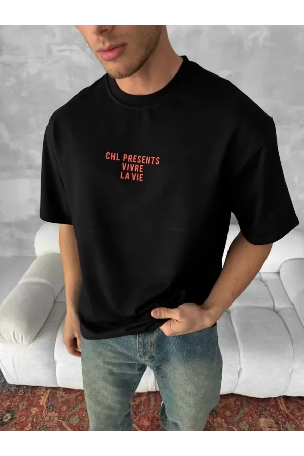 Erkek Baskılı Oversize Bisiklet Yaka T-shirt- Siyah