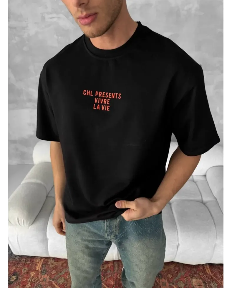 Erkek Baskılı Oversize Bisiklet Yaka T-shirt- Siyah