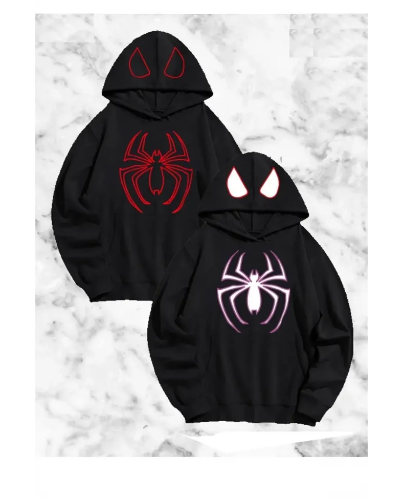 Örümcek Baskılı Sevgili Çift Kombini Kapüşonlu Sweatshirt & Hodie - Siyah
