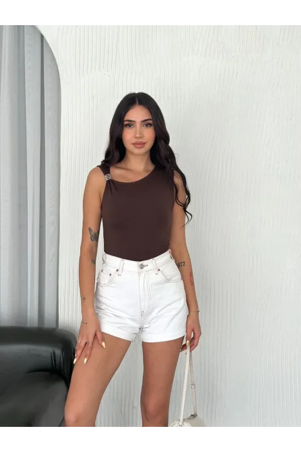 Osy Modal Yumuşak Dokulu Bisiklet Yaka Kadın Sıfır Kol Bluz Omuz Toka - Kahverengi