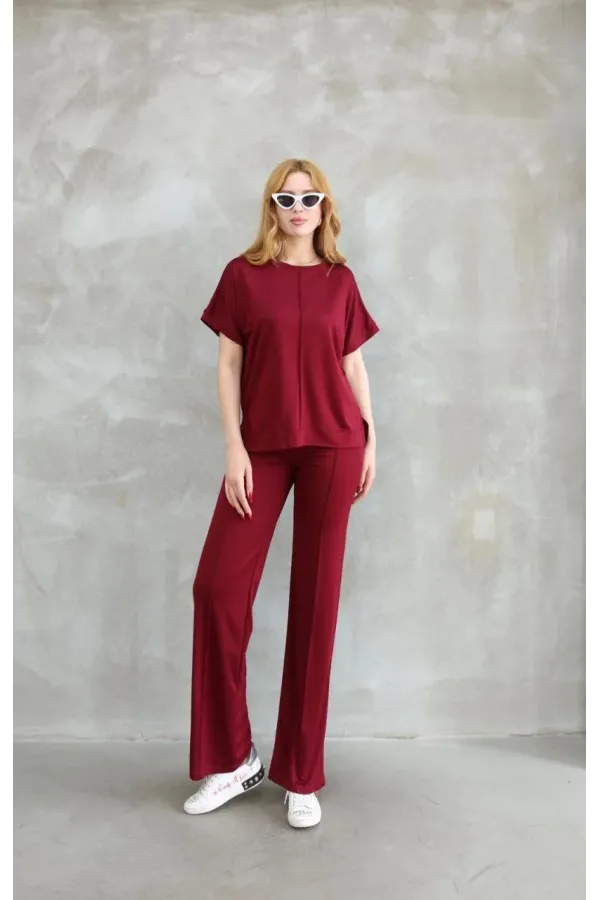 Kadın Osy Modal Yumuşak dokulu Bisiklet Yaka Kısa Kollu Alt-Üst Takım - Bordo