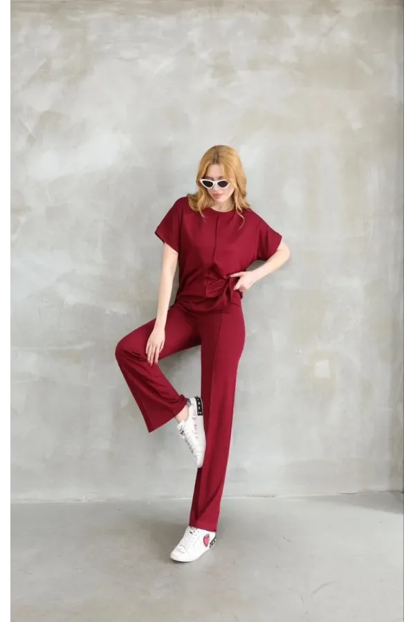 Kadın Osy Modal Yumuşak dokulu Bisiklet Yaka Kısa Kollu Alt-Üst Takım - Bordo