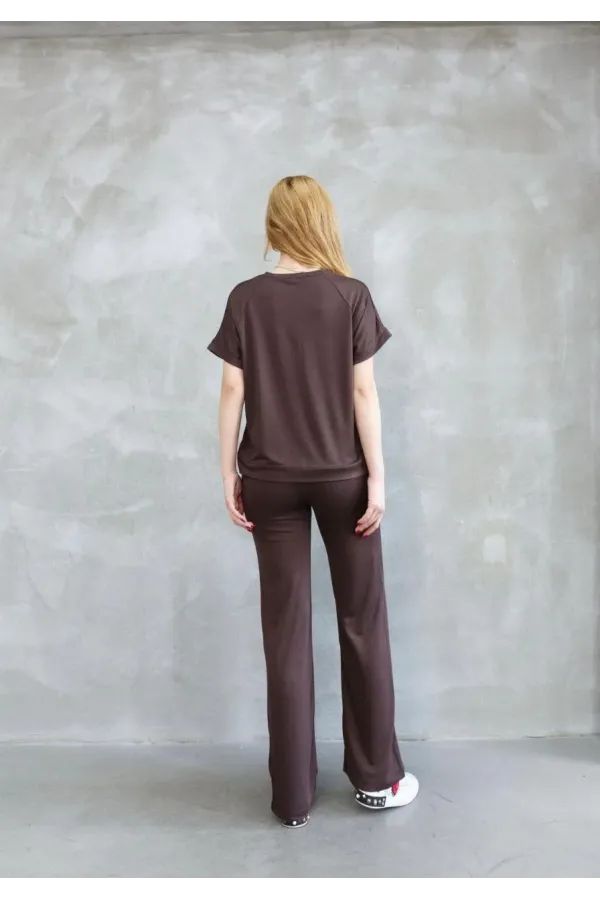 Osy Modal Yumuşak dokulu Bisiklet Yaka Kısa Kollu Takım - Kahverengi