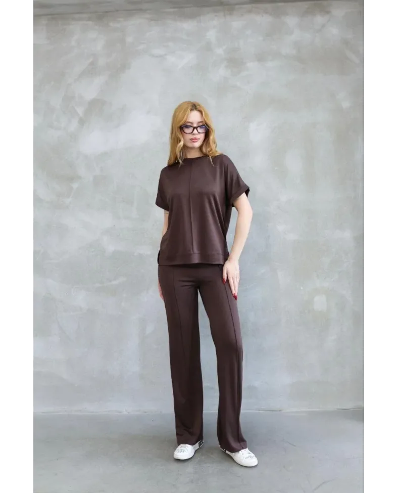 Osy Modal Yumuşak dokulu Bisiklet Yaka Kısa Kollu Takım - Kahverengi