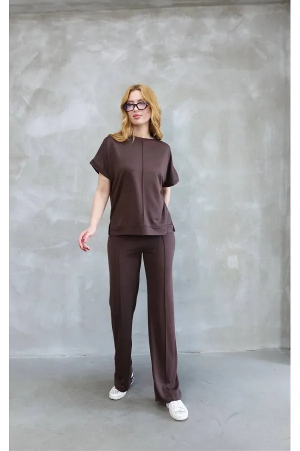 Osy Modal Yumuşak dokulu Bisiklet Yaka Kısa Kollu Takım - Kahverengi