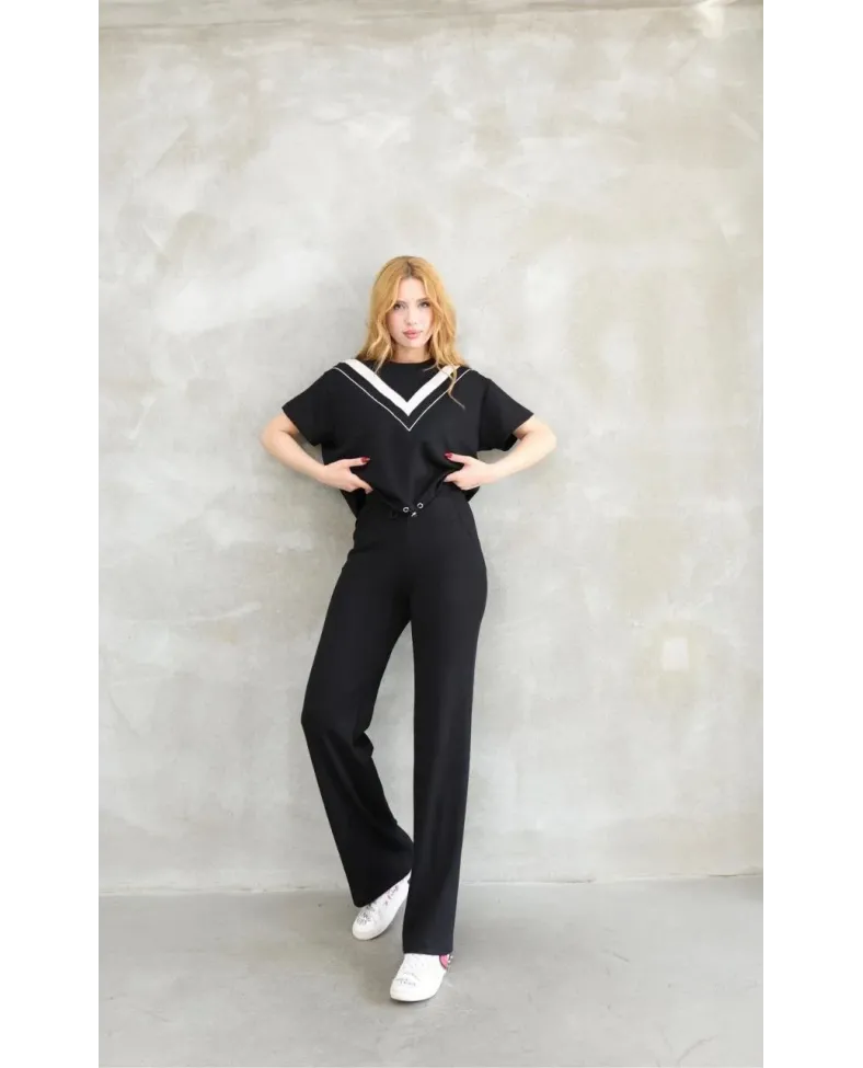 Osy Modal Yumuşak dokulu Bisiklet Yaka Parçalı detaylı Kısa Kollu Takım - Siyah