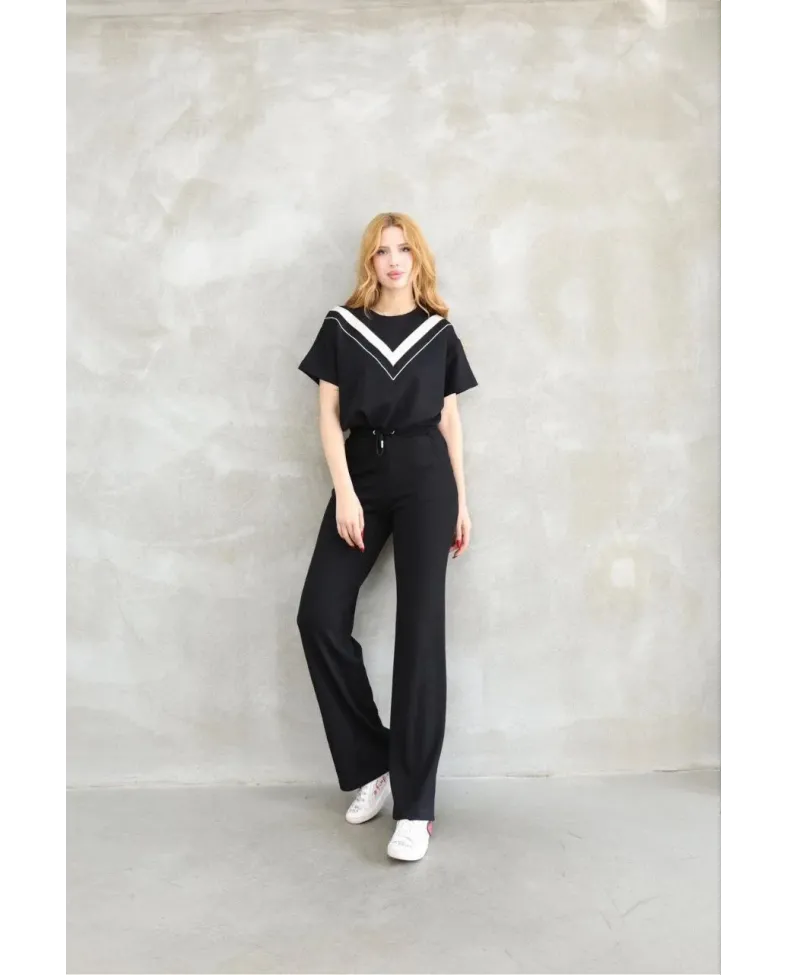 Osy Modal Yumuşak dokulu Bisiklet Yaka Parçalı detaylı Kısa Kollu Takım - Siyah