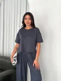 Kadın Osy Modal Bisiklet Yaka Tişört Bol Paça Pantolon İkili Takım - Antrasit