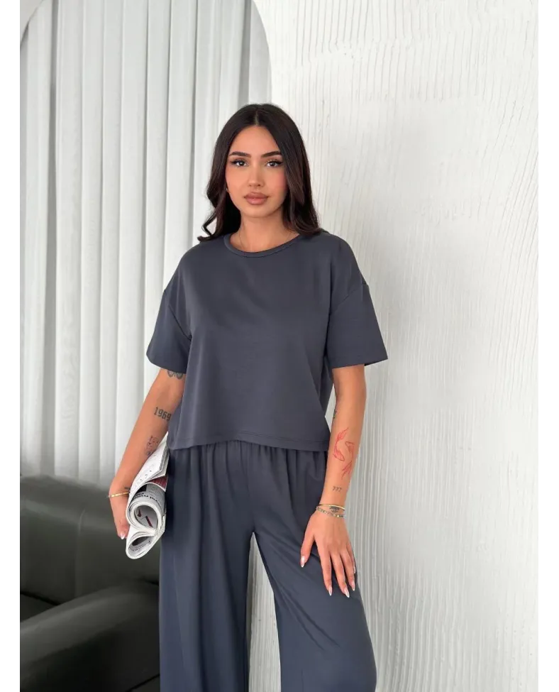 Kadın Osy Modal Bisiklet Yaka Tişört Bol Paça Pantolon İkili Takım - Antrasit
