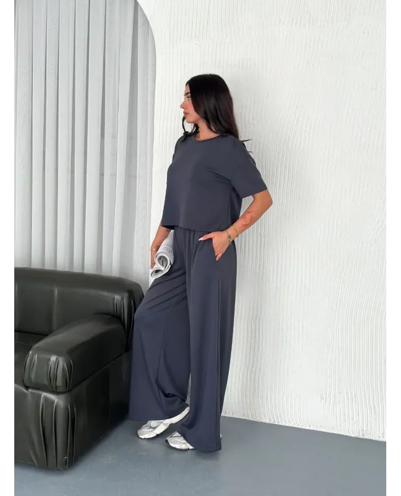 Kadın Osy Modal Bisiklet Yaka Tişört Bol Paça Pantolon İkili Takım - Antrasit