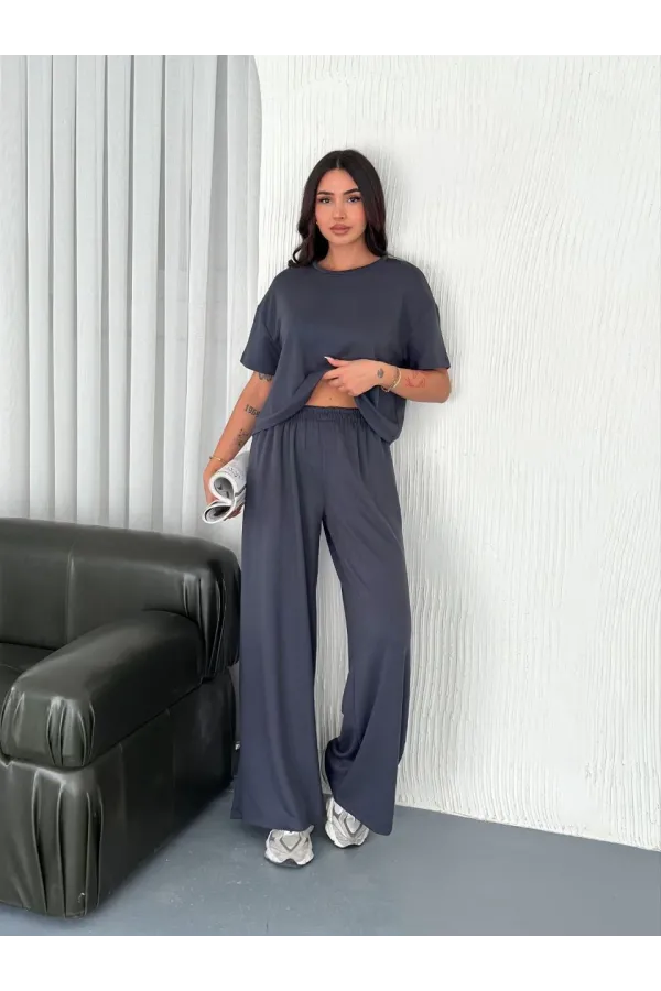 Kadın Osy Modal Yumuşak Dokulu Kumaş Bisiklet Yaka T-shirt Bol paça Pantalon ikili Takım -Antrasit