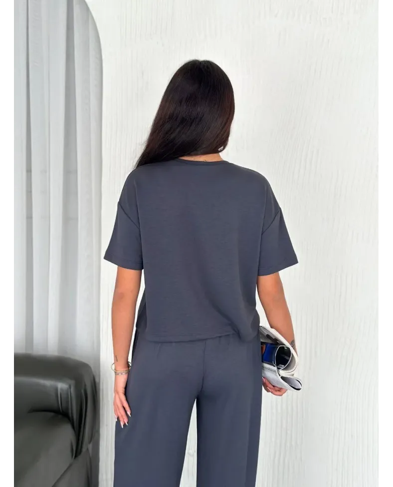 Kadın Osy Modal Bisiklet Yaka Tişört Bol Paça Pantolon İkili Takım - Antrasit