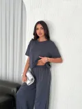 Kadın Osy Modal Bisiklet Yaka Tişört Bol Paça Pantolon İkili Takım - Antrasit
