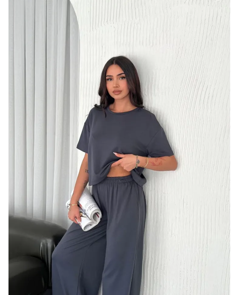 Kadın Osy Modal Bisiklet Yaka Tişört Bol Paça Pantolon İkili Takım - Antrasit