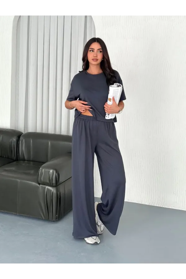 Kadın Osy Modal Yumuşak Dokulu Kumaş Bisiklet Yaka T-shirt Bol paça Pantalon ikili Takım -Antrasit