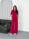 Osy Modal Yumuşak Dokulu Kumaş Bisiklet Yaka T-shirt Bol paça Pantalon ikili Takım -Bordo