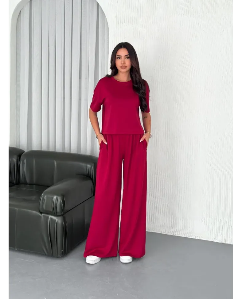 Osy Modal Yumuşak Dokulu Kumaş Bisiklet Yaka T-shirt Bol paça Pantalon ikili Takım -Bordo