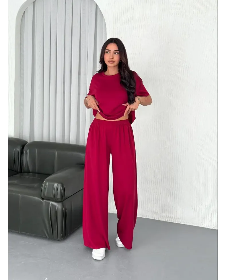 Osy Modal Yumuşak Dokulu Kumaş Bisiklet Yaka T-shirt Bol paça Pantalon ikili Takım -Bordo