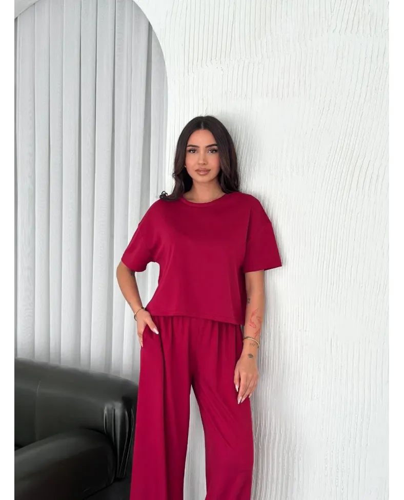 Osy Modal Yumuşak Dokulu Kumaş Bisiklet Yaka T-shirt Bol paça Pantalon ikili Takım -Bordo