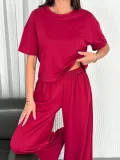 Osy Modal Yumuşak Dokulu Kumaş Bisiklet Yaka T-shirt Bol paça Pantalon ikili Takım -Bordo