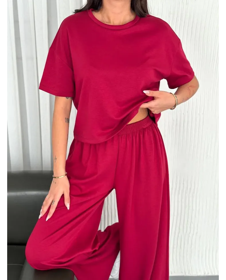 Osy Modal Yumuşak Dokulu Kumaş Bisiklet Yaka T-shirt Bol paça Pantalon ikili Takım -Bordo