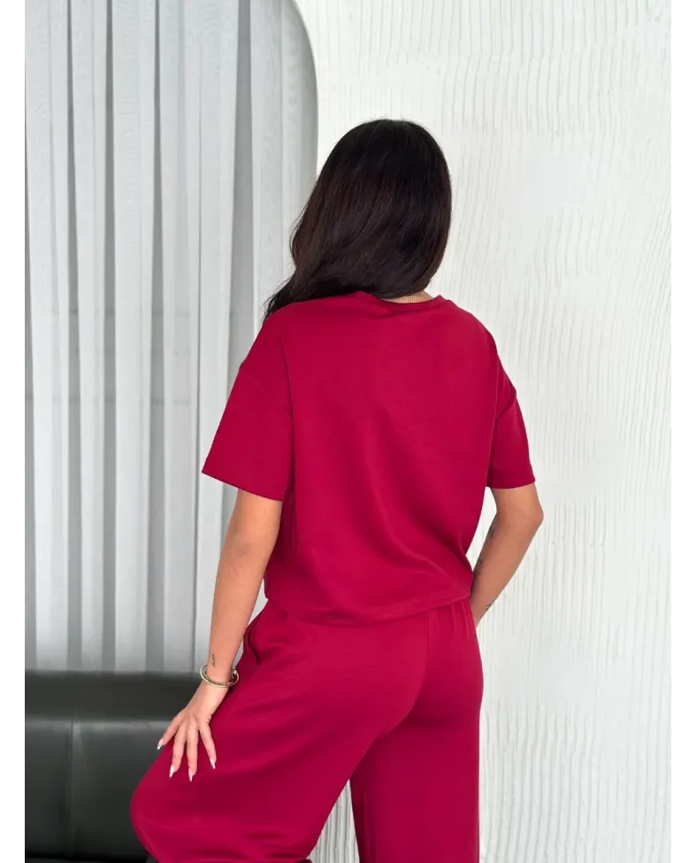 Osy Modal Yumuşak Dokulu Kumaş Bisiklet Yaka T-shirt Bol paça Pantalon ikili Takım -Bordo