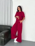 Osy Modal Yumuşak Dokulu Kumaş Bisiklet Yaka T-shirt Bol paça Pantalon ikili Takım -Bordo