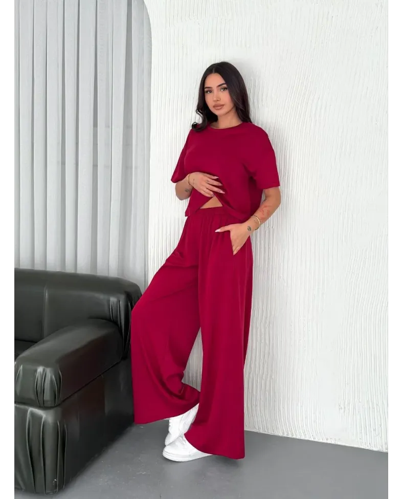 Osy Modal Yumuşak Dokulu Kumaş Bisiklet Yaka T-shirt Bol paça Pantalon ikili Takım -Bordo