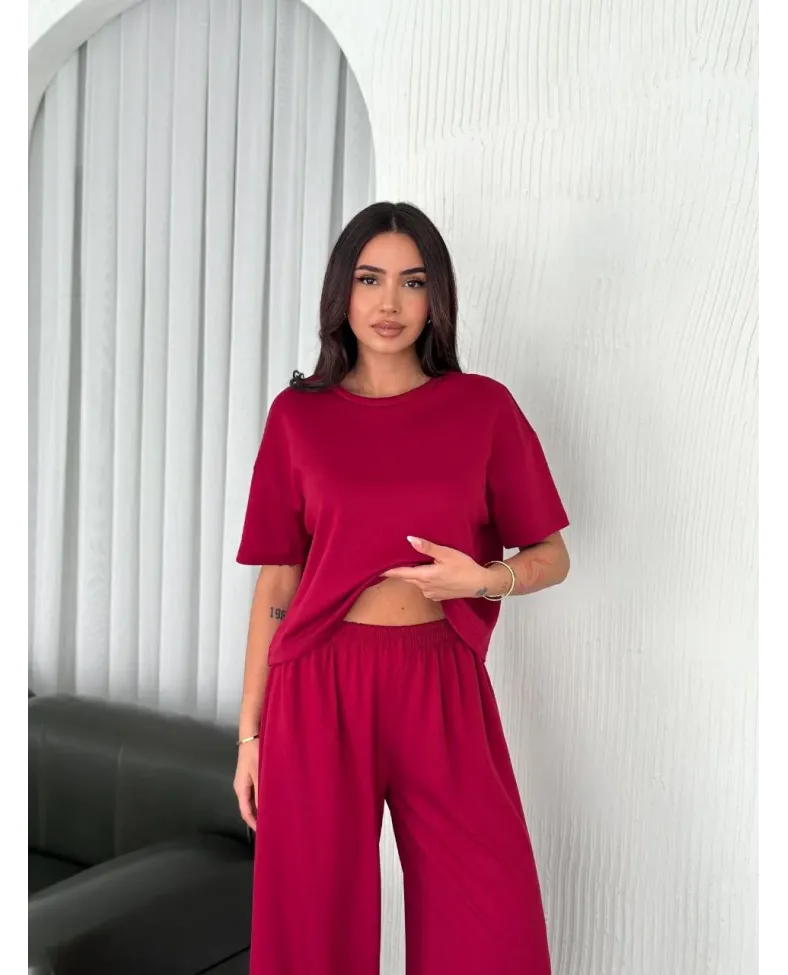 Osy Modal Yumuşak Dokulu Kumaş Bisiklet Yaka T-shirt Bol paça Pantalon ikili Takım -Bordo