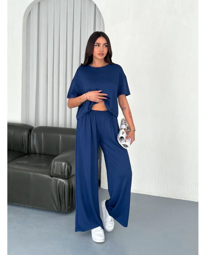 Kadın Osy Modal Yumuşak Dokulu Kumaş Bisiklet Yaka T-shirt Pantolon ikili Takım -Saks Mavisi