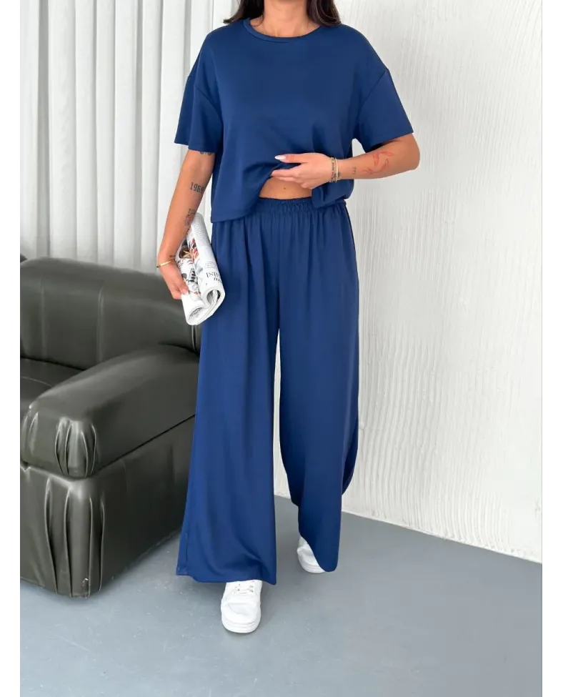 Kadın Osy Modal Yumuşak Dokulu Kumaş Bisiklet Yaka T-shirt Pantolon ikili Takım -Saks Mavisi