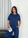 Kadın Osy Modal Yumuşak Dokulu Kumaş Bisiklet Yaka T-shirt Pantolon ikili Takım -Saks Mavisi