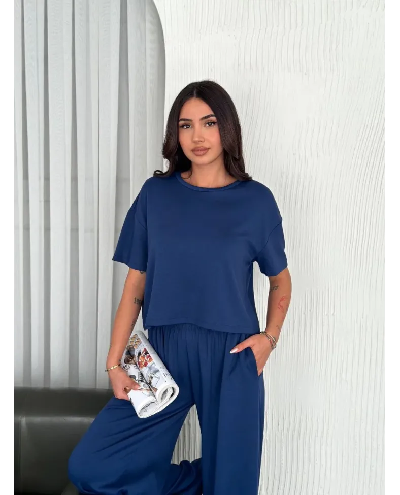 Kadın Osy Modal Yumuşak Dokulu Kumaş Bisiklet Yaka T-shirt Pantolon ikili Takım -Saks Mavisi