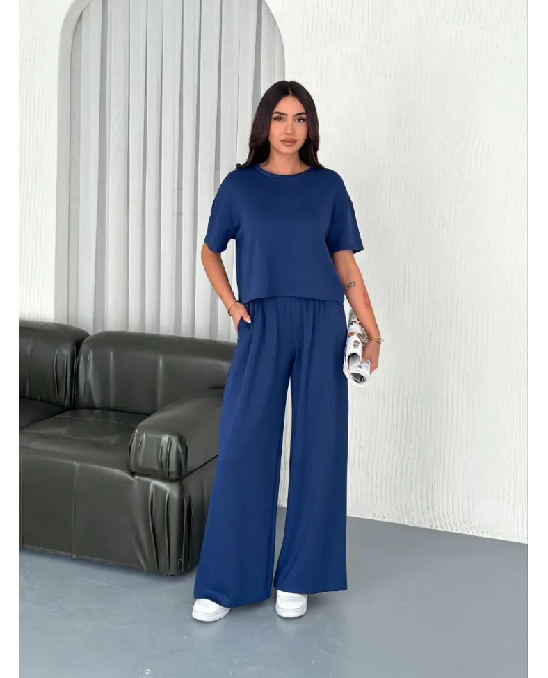 Kadın Osy Modal Yumuşak Dokulu Kumaş Bisiklet Yaka T-shirt Pantolon ikili Takım -Saks Mavisi