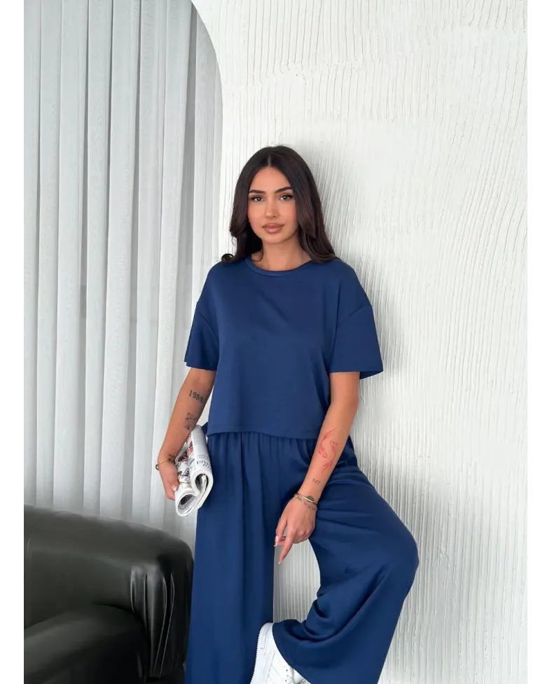 Kadın Osy Modal Yumuşak Dokulu Kumaş Bisiklet Yaka T-shirt Pantolon ikili Takım -Saks Mavisi