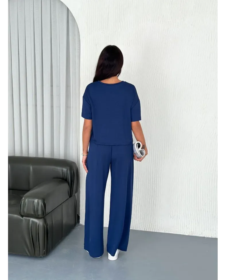 Kadın Osy Modal Yumuşak Dokulu Kumaş Bisiklet Yaka T-shirt Pantolon ikili Takım -Saks Mavisi