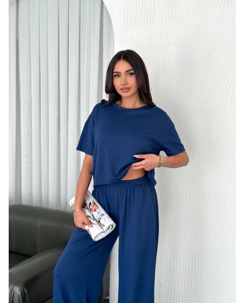 Kadın Osy Modal Yumuşak Dokulu Kumaş Bisiklet Yaka T-shirt Pantolon ikili Takım -Saks Mavisi