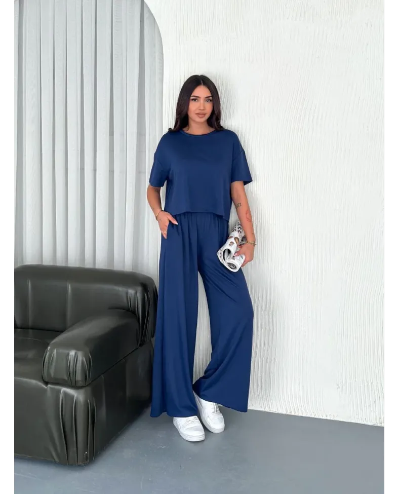 Kadın Osy Modal Yumuşak Dokulu Kumaş Bisiklet Yaka T-shirt Pantolon ikili Takım -Saks Mavisi