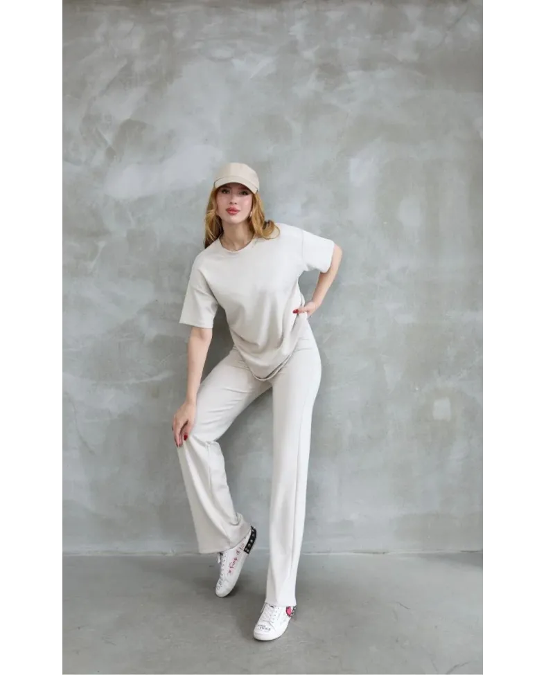 Osy Modal Yumuşak dokulu Bisiklet Yaka Taş detaylı Kısa Kollu Takım - Kırık Beyaz