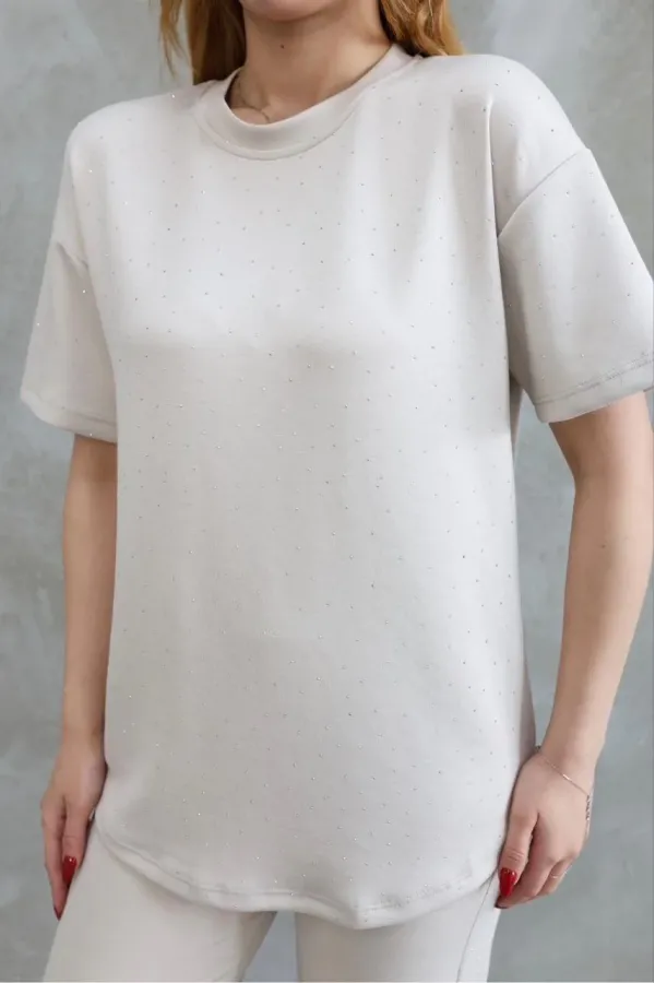 Osy Modal Yumuşak dokulu Bisiklet Yaka Taş detaylı Kısa Kollu Takım - Kırık Beyaz