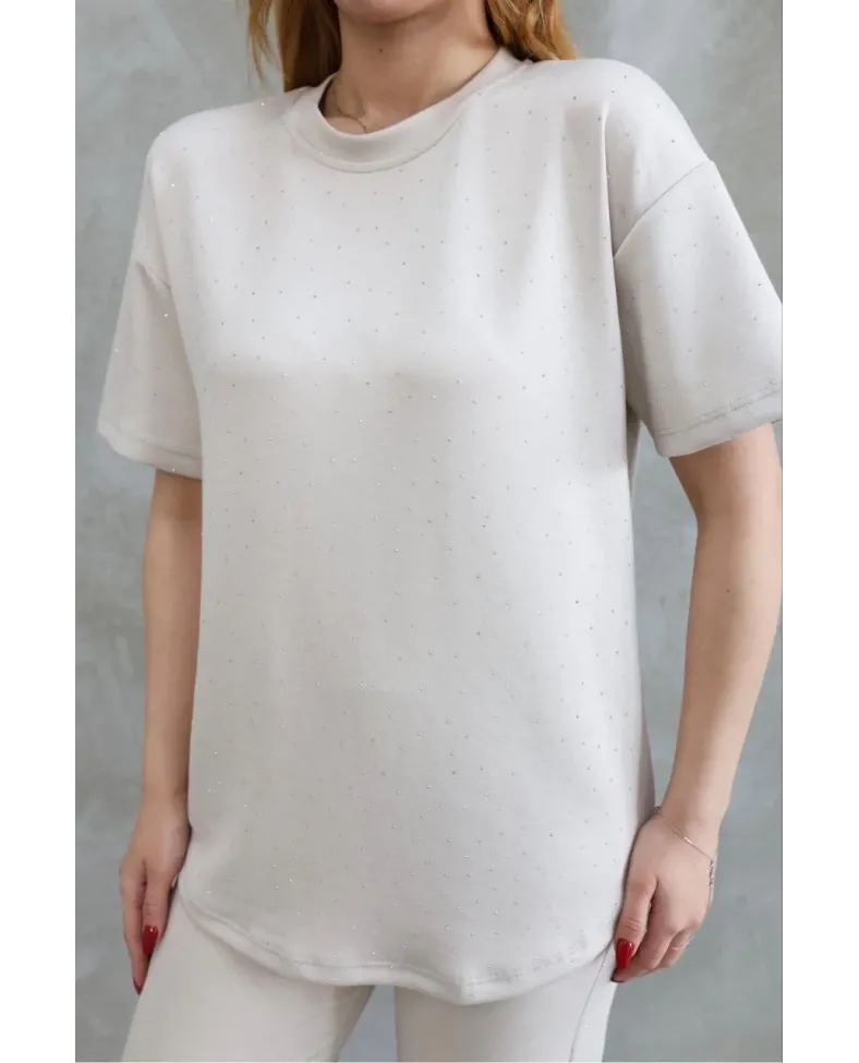 Osy Modal Yumuşak dokulu Bisiklet Yaka Taş detaylı Kısa Kollu Takım - Kırık Beyaz