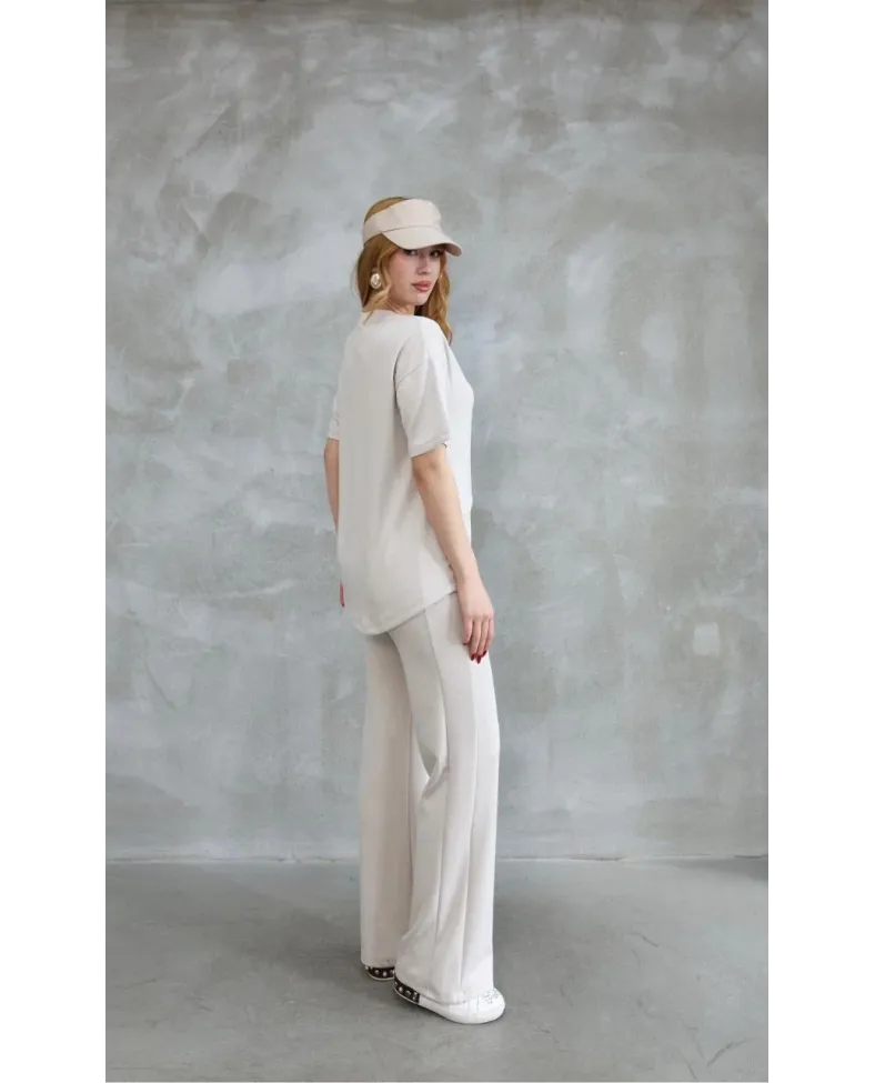 Osy Modal Yumuşak dokulu Bisiklet Yaka Taş detaylı Kısa Kollu Takım - Kırık Beyaz