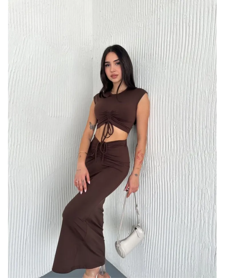 Osy Modal Yumuşak Dokulu Kumaş Büzgülü Crop Etek Takım -Kahverengi