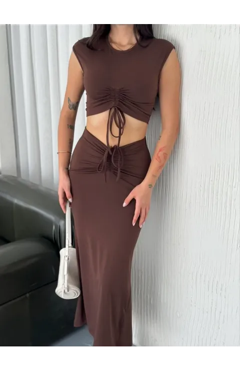 Osy Modal Yumuşak Dokulu Kumaş Büzgülü Crop Etek Takım -Kahverengi