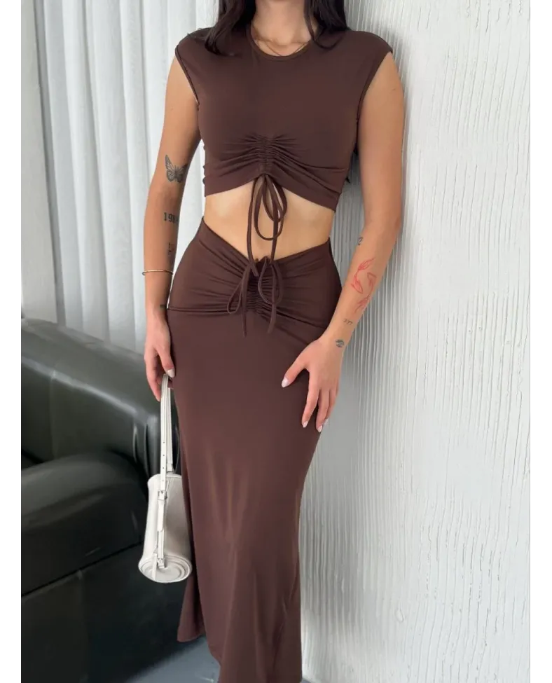 Osy Modal Yumuşak Dokulu Kumaş Büzgülü Crop Etek Takım -Kahverengi