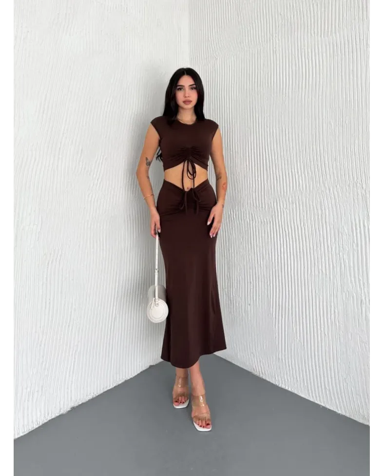 Osy Modal Yumuşak Dokulu Kumaş Büzgülü Crop Etek Takım -Kahverengi
