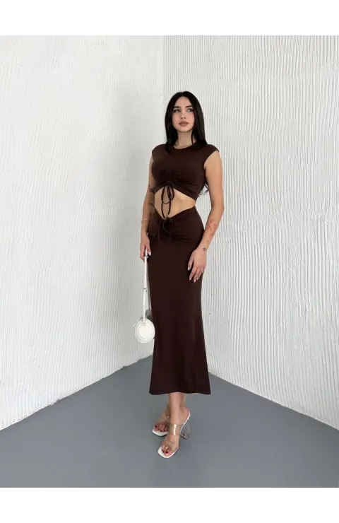 Osy Modal Yumuşak Dokulu Kumaş Büzgülü Crop Etek Takım -Kahverengi
