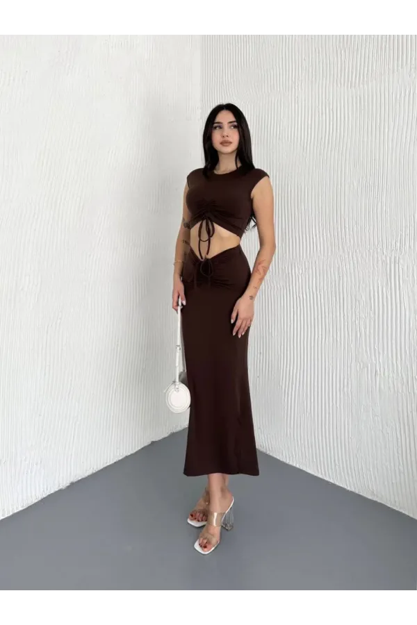 Osy Modal Yumuşak Dokulu Kumaş Büzgülü Crop Etek Takım -Kahverengi