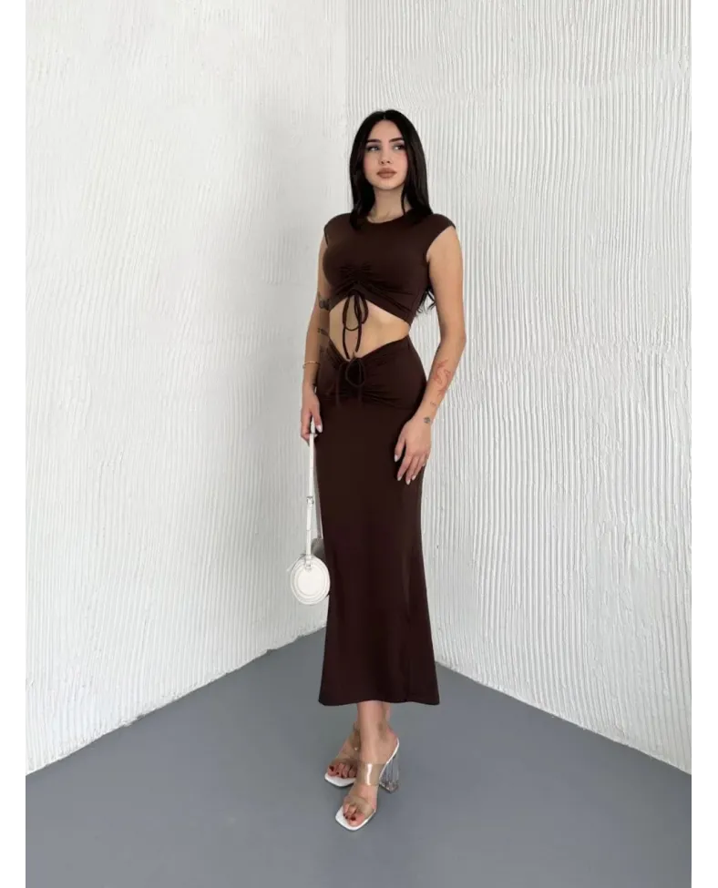 Osy Modal Yumuşak Dokulu Kumaş Büzgülü Crop Etek Takım -Kahverengi